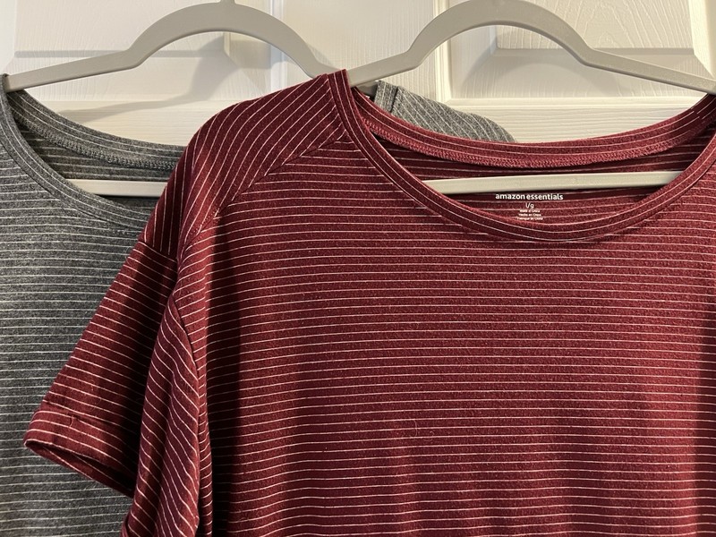 Amazon Essentials Striped Athletic Shirts, Size Large, Set Of 2 Gray and Maroon gallery