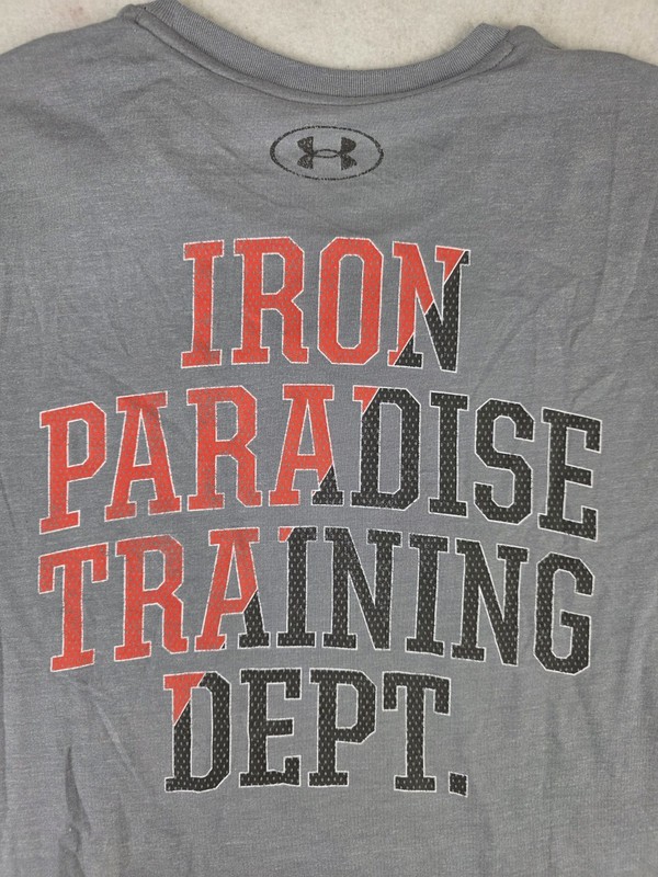 NWT Under Armour Gray Project Rock Iron Paradise Training Dept Mens Shirt Size S gallery