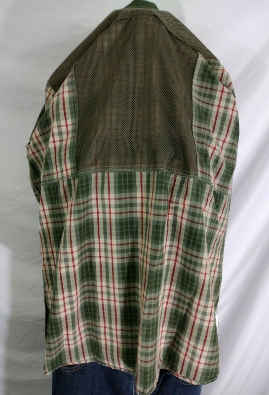 COLUMBIA PFG FISHING / RIVER SHIRT Mens M Olive Green Red Tan Plaid Checked SS gallery