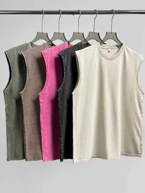 100% cotton men's summer sleeveless top Vintage Washed Crew Neck Tank Top Casual gallery