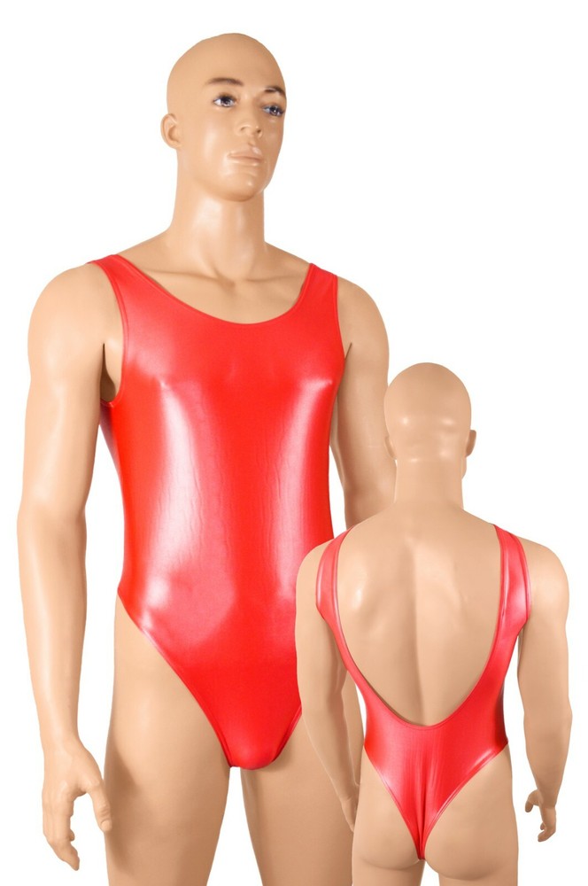 Men's wet look string body low back neckline sleeveless stretch shiny shine