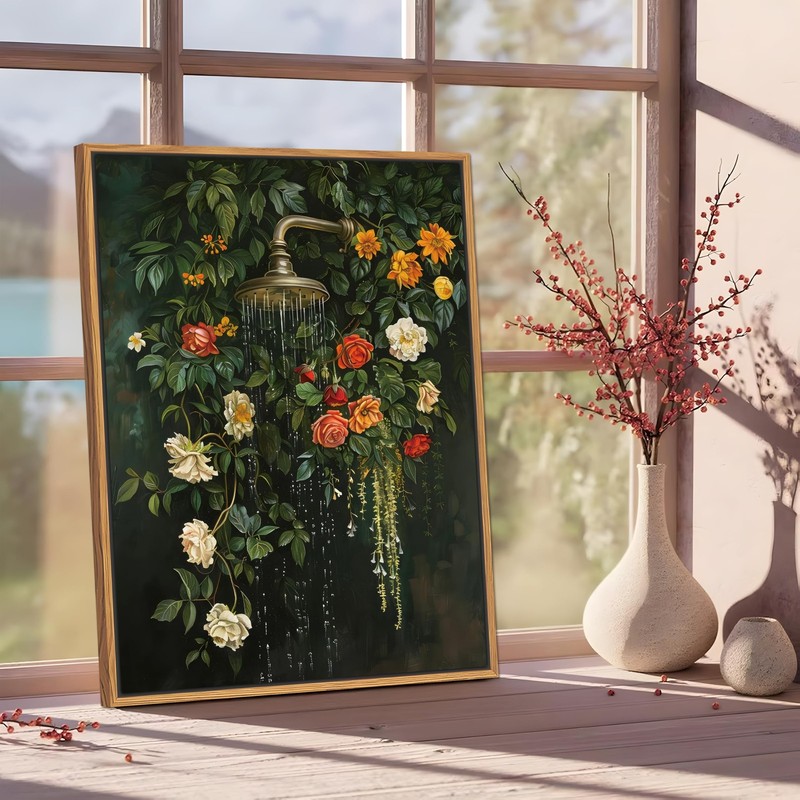 Floating Framed Floral Shower Wall Art, Vintage Botanical Flower Canvas Print, R gallery