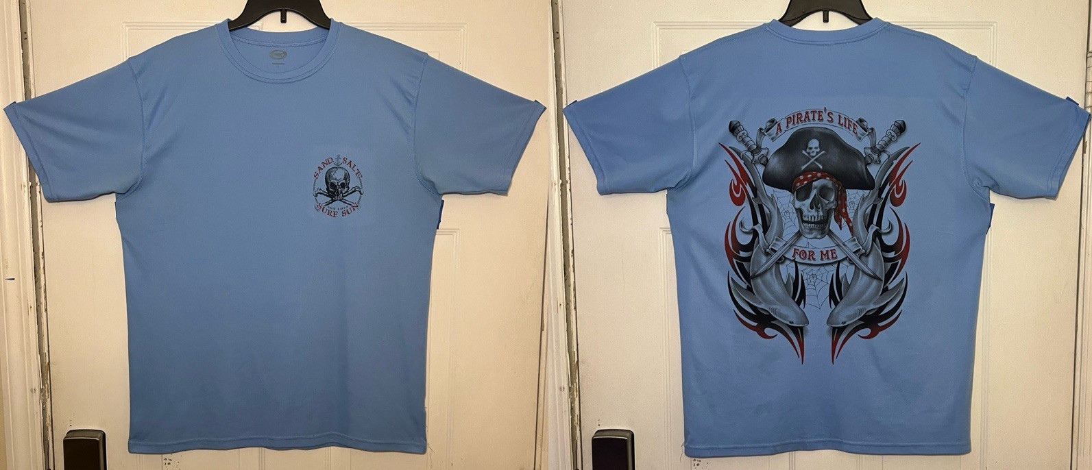 Vapor Apparel Size Large Sand.Salt.Surf.Sun Pirate Performance Light Blue Shirt gallery