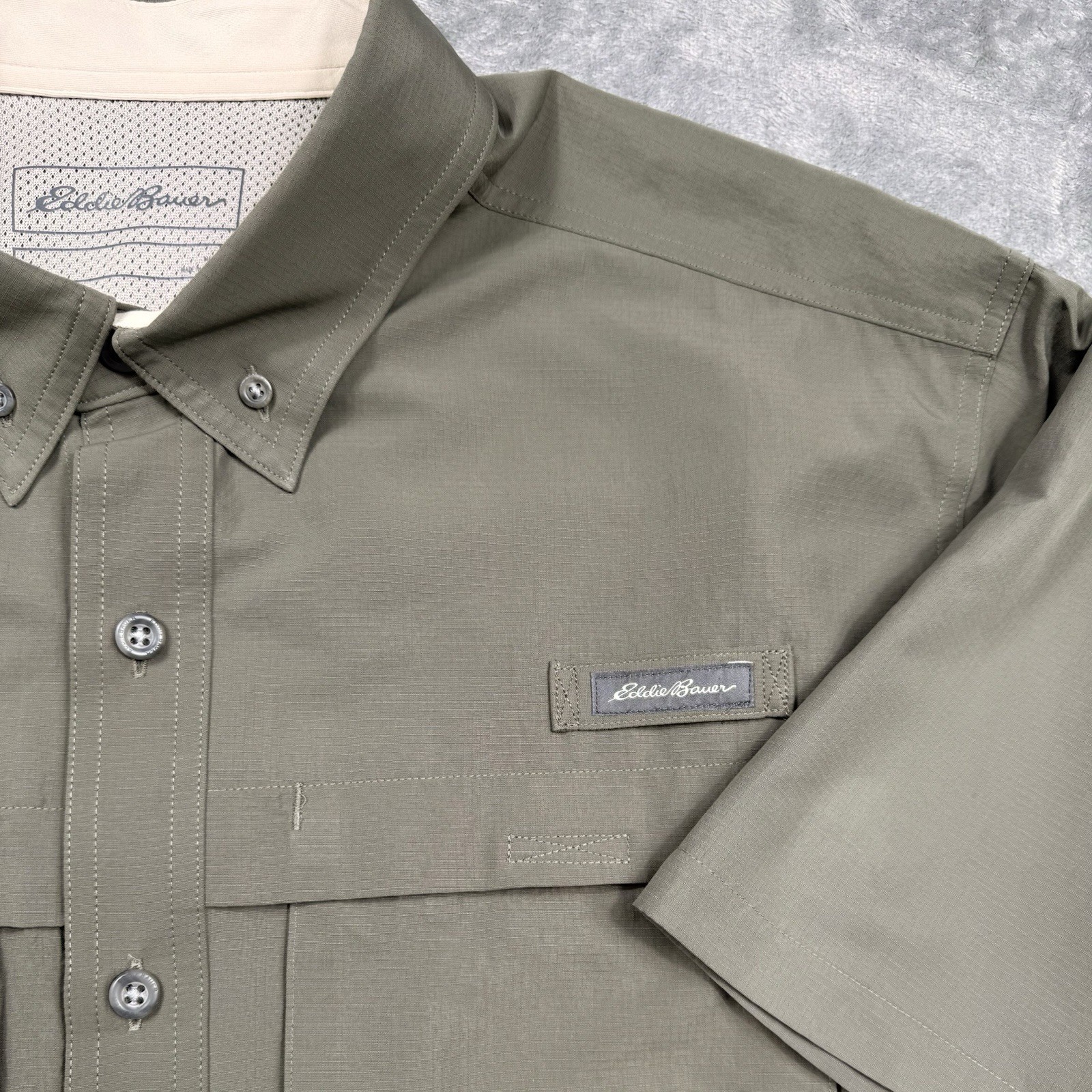 Eddie Bauer Outdoor Vented Mens L Ripstop Khaki Green Guide Fishing Camp Shirt gallery