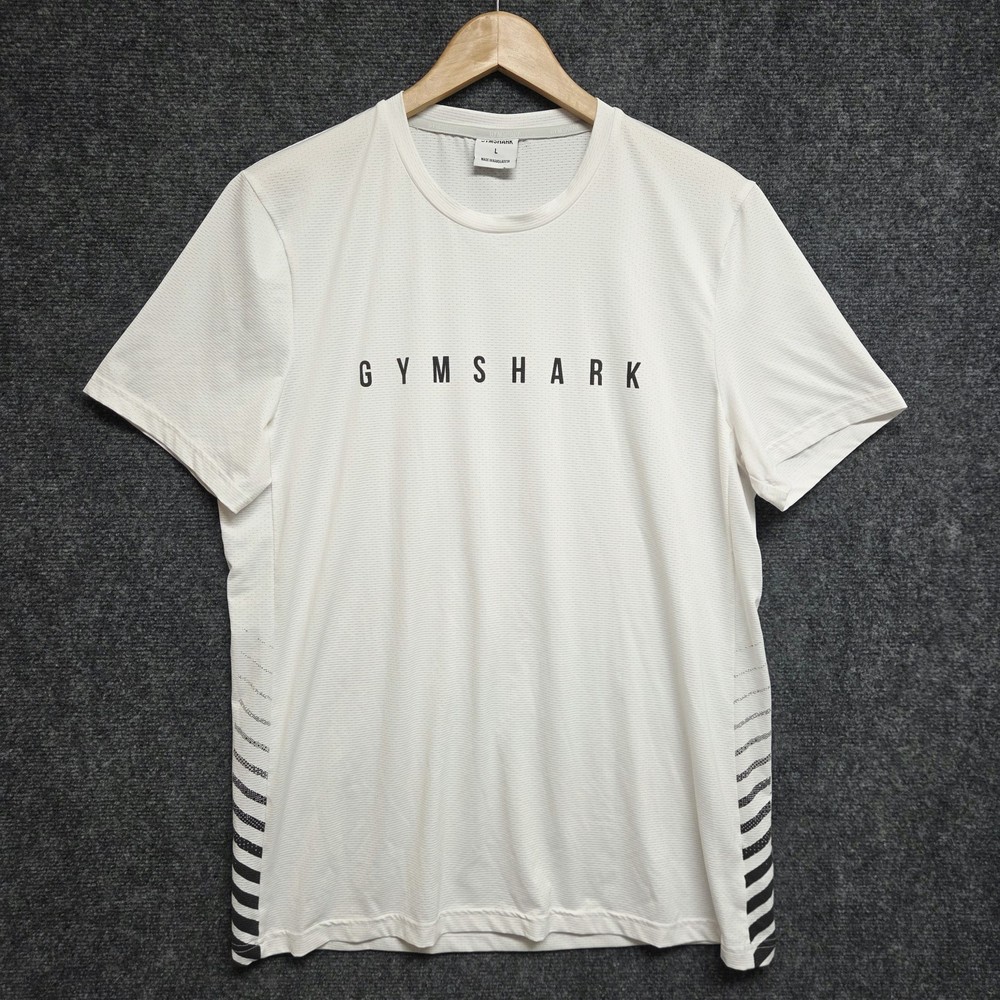 Gymshark Shirt Mens Large White Sport Stripe Crewneck Athletic Slim Fit Tee