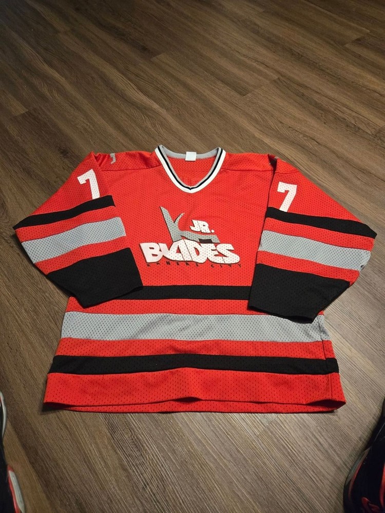 Kansas City Blades Red Hockey Jersey with Black & Gray Stripes... Large