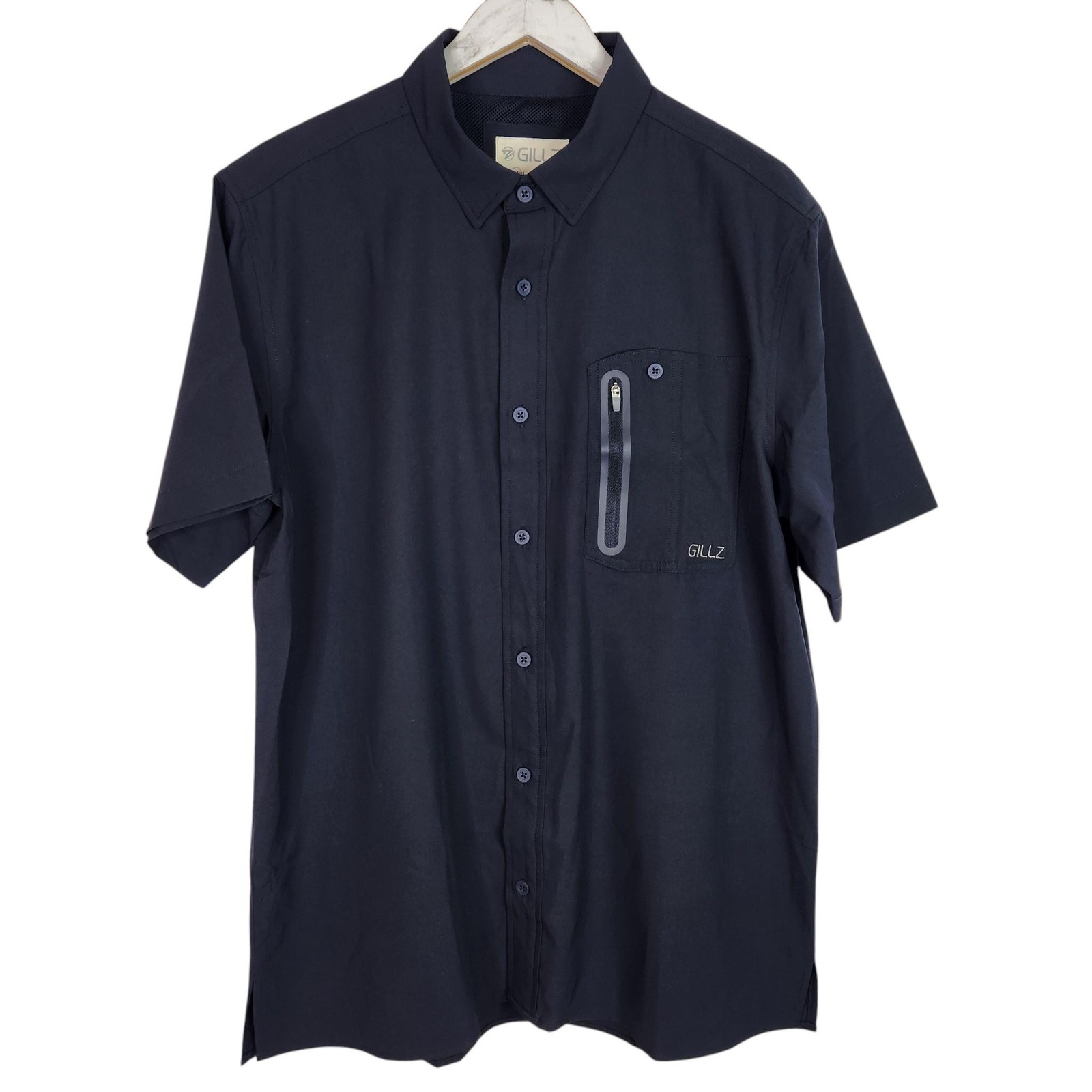 GILLZ Shirt Mens Medium Blue Short Sleeve Button Front Vented Fishing Tech gallery