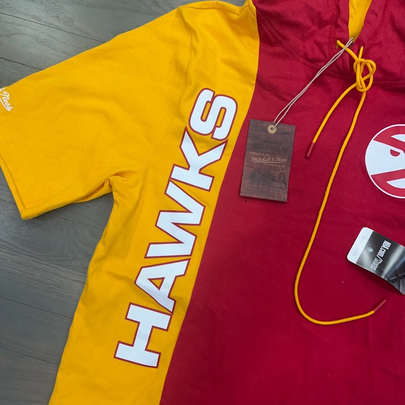 Mitchell And Ness NBA Atlanta Hawks Red Yellow Split Hoodie Tee Shirt Men's Sz S gallery