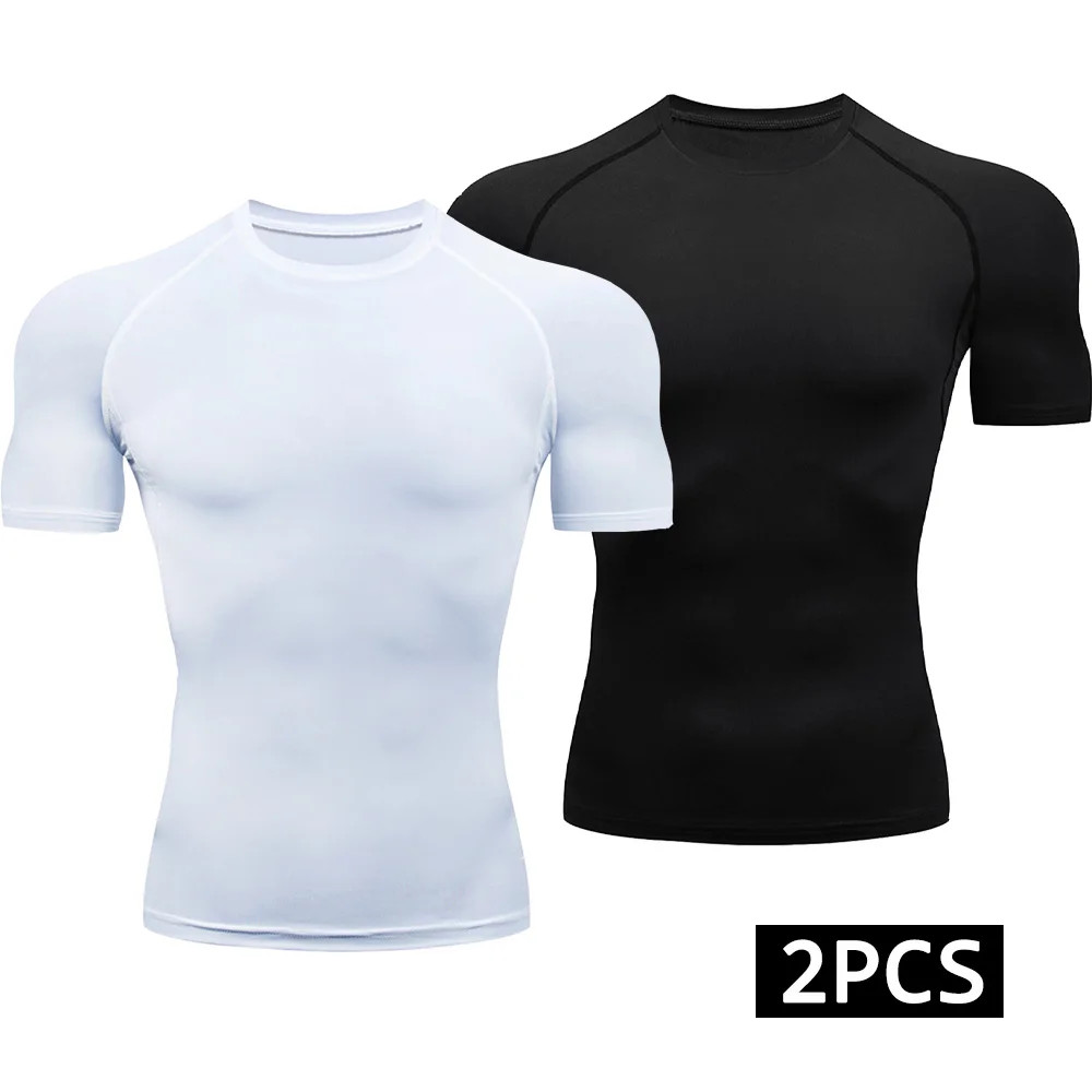 2Pcs Men Compression T Shirt Quick Dry Sportswear Gym Running Workout Top Set gallery