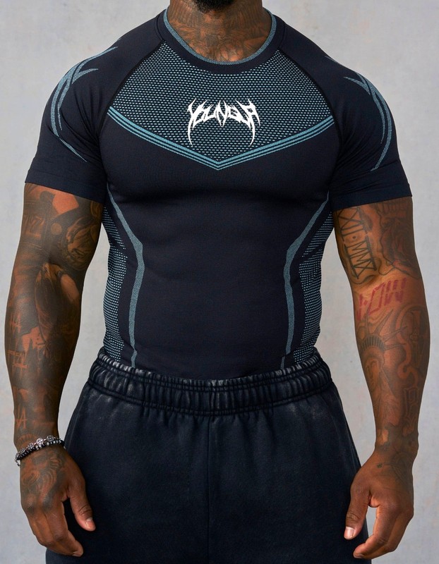 YOUNGLA YLA 'Warrior X 4065' Men's Compression SS Muscle T-Shirt M Blk/Blu *NIB* gallery
