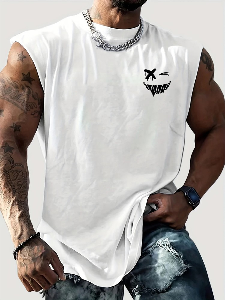 Men's summer casual sports loose fit smiley face print comfortable and breathabl
