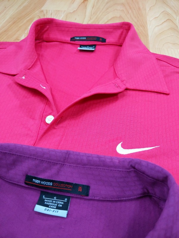 Two Men's Large NIKE TIGER WOODS COLLECTION GOLF Polos pink & purple EUC gallery