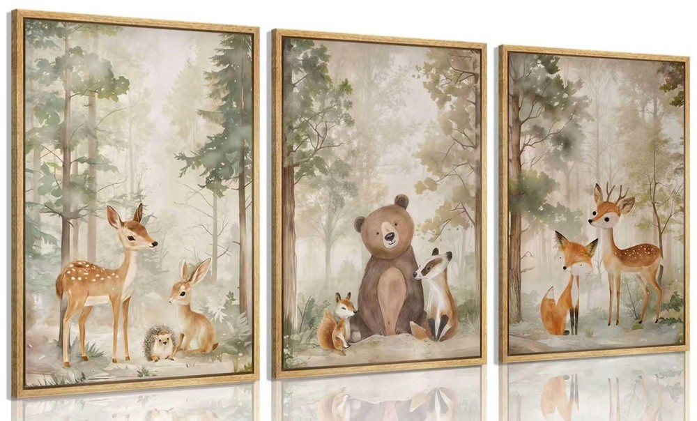 Framed Woodland Animal Nursery Canvas wall art Wild Animals Forest Paintings Pic