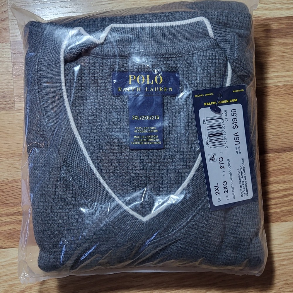 NWT POLO Ralph Lauren Men's 2XL Waffle Knit Thermal Long Sleeve Gray V-Neck XXL