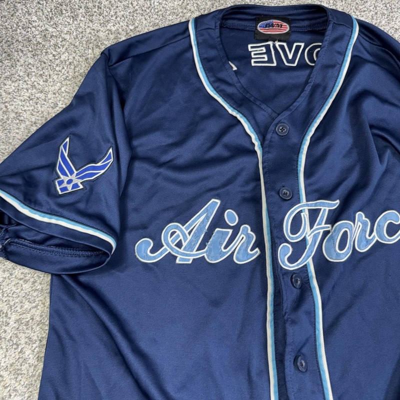 Air Force Shirt Mens Large Navy Baseball Jersey Button Up Military USAF Patch gallery