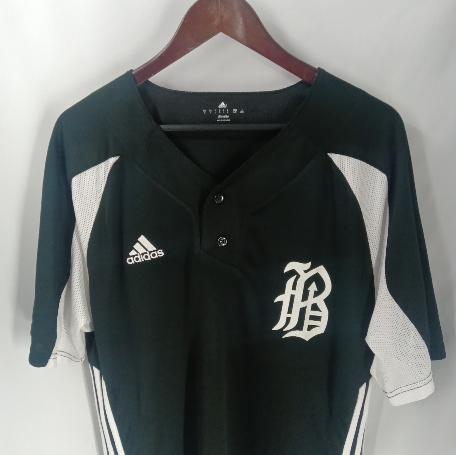 Adidas Climalite Three Stripe Baseball Jersey Black White Gothic B Logo Size L gallery