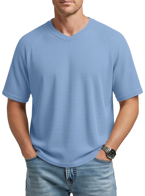 Men's Waffle Knitted Versatile Shoulder Sleeve V-neck Short Sleeve Men's T-shirt gallery