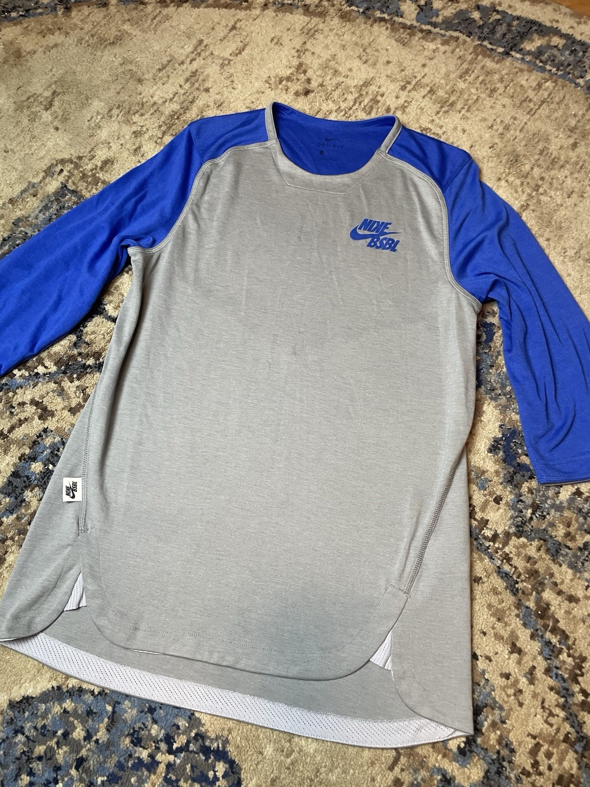 2009 Nike BSBL Baseball Dri Fit Blue Raglan Shirt Size Small Gray Blue gallery