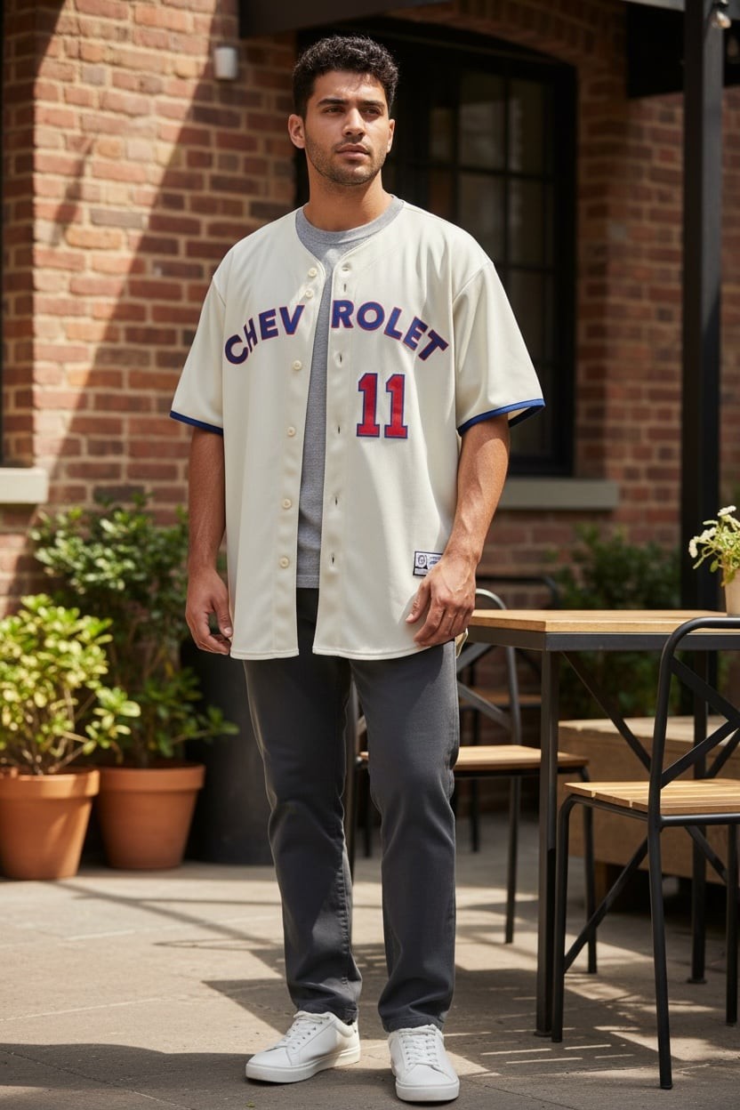 Chevrolet Baseball Jersey Shirt Beige Blue Red Number 11 Men’s Small NWT gallery