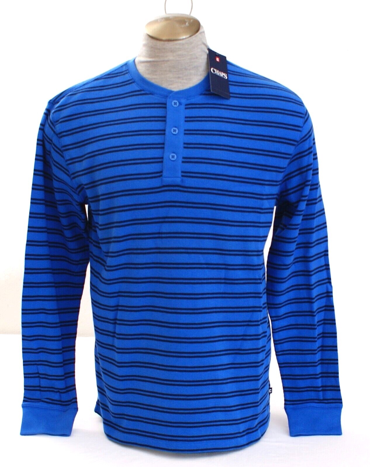 Chaps Blue Striped Kent Thermal Knit Long Sleeve Polo Shirt Men's L NWT gallery