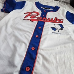 Peanuts Snoopy Baseball Jersey Medium White Blue Button Front Short Sleeve