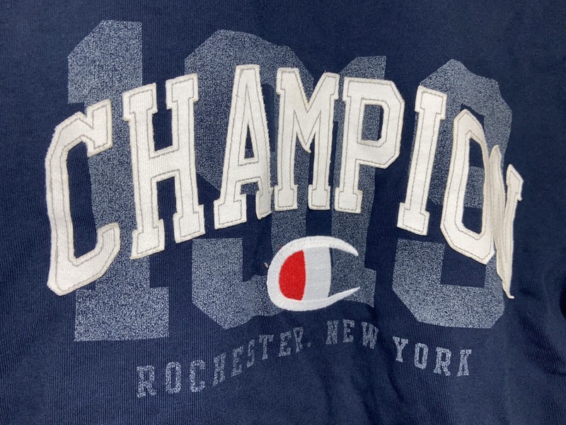CHAMPION size SMALL Navy Applique Logo mens t-shirt 1919 Rochester New York gallery