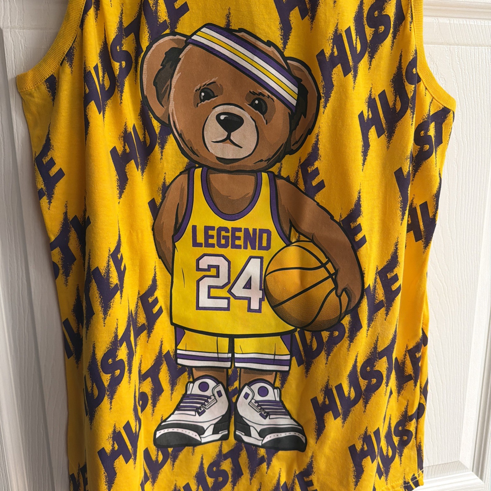 🏀Vibes Hustle Basketball Bear Graphic Yellow Tank Top Men's (M) Lakers Colors gallery
