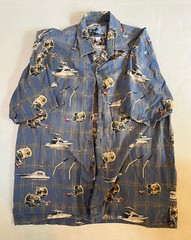 AFTCO Mens Large Bluewater Hawaiian Shirt Fishing Print Reel Poles Boat