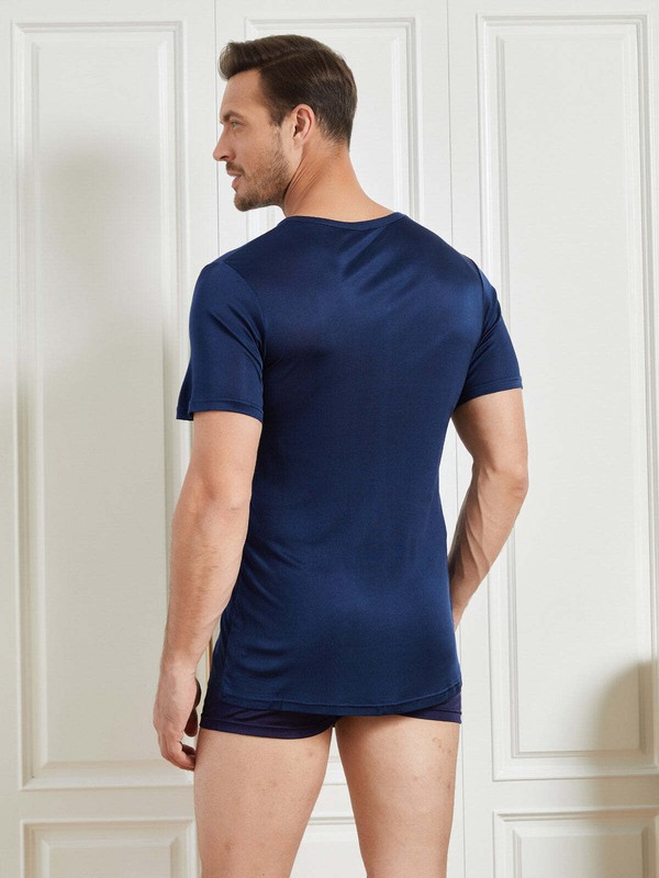 Men's Gym Real Silk Tank Top Knitted Short sleeve T-shirt Crew Neck Silk T Shirt gallery