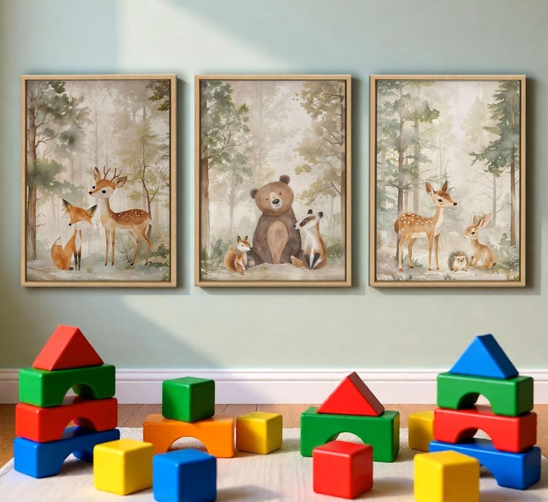 Framed Woodland Animal Nursery Canvas wall art Wild Animals Forest Paintings Pic gallery