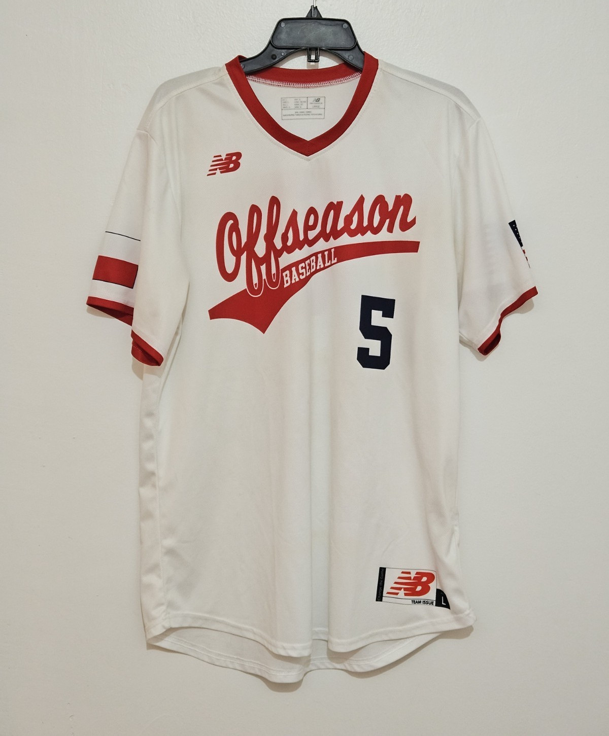 New Balance Team Issue Men's L White/Red/Blue Mesh V-Neck Baseball Jersey gallery