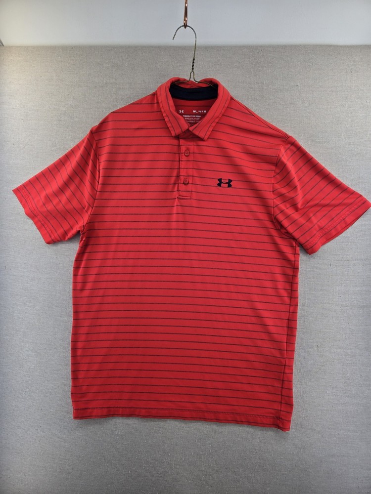 Under Armour The Playoff Polo Shirt Mens Medium Loose Fit Red Striped Heatgear