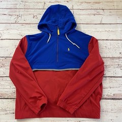 Polo Ralph Lauren Anorak 1/4 Zip Hooded Pullover Mens L Blue Red Stretch Hipster