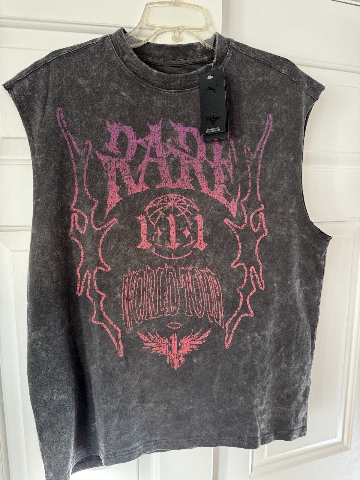 PUMA World Tour Graphic Sleeveless Tank Top Black Pink Acid Wash M gallery