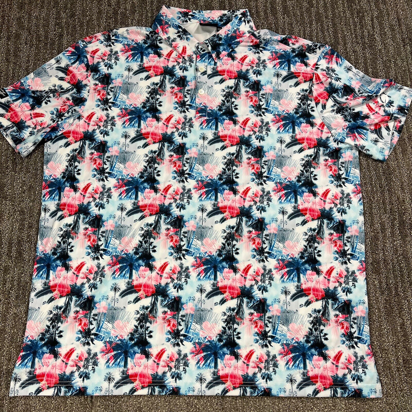 SUNDAY SWAGGER Blue Pink Palmera Palm Tree Polo Golf Shirt 2XL Rare UPF 40 gallery