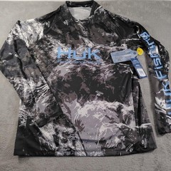 Huk Pursuit Mossy Oak Shirt Mens Small Gray Black Camo Long Sleeve Fishing UPF