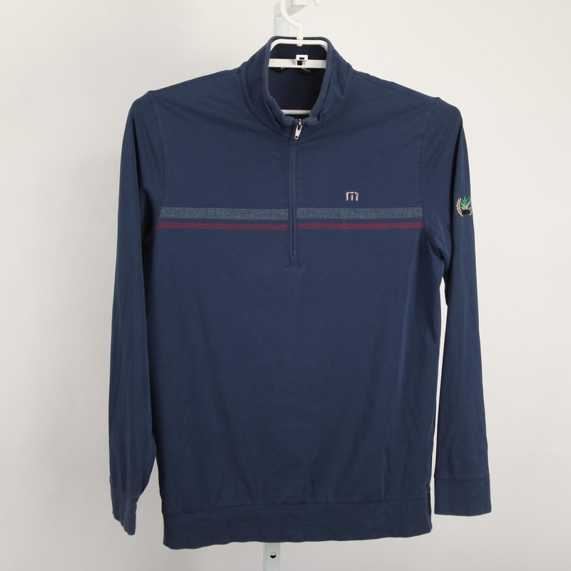 TravisMathew Pullover Mens M Navy Blue 1/4 Zip Stretch Stripe Eagle Oaks Golf CC gallery