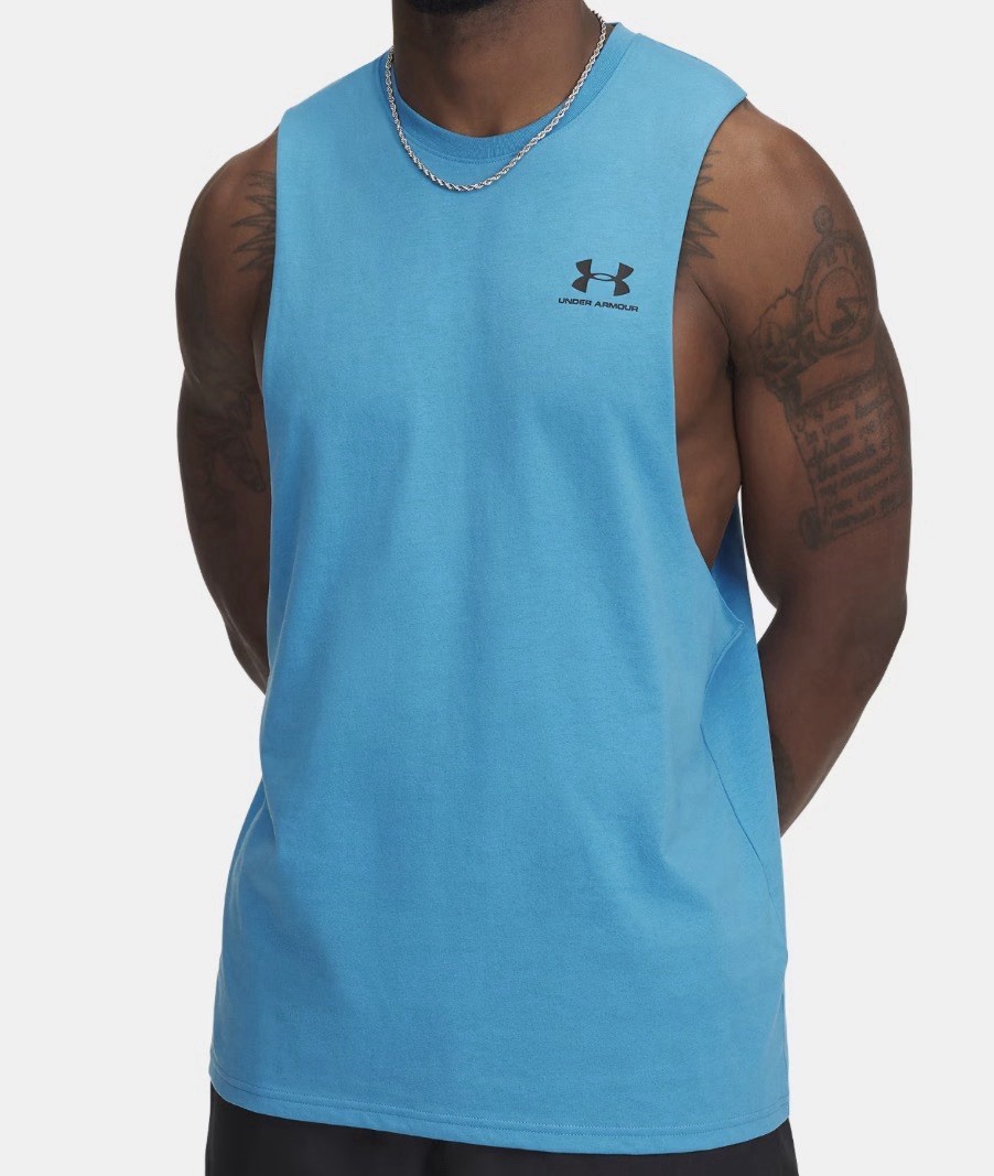 Under Armour Tank Top Mens Sz M Blue Left Chest Cut-Off Loose Fit Activewear New gallery