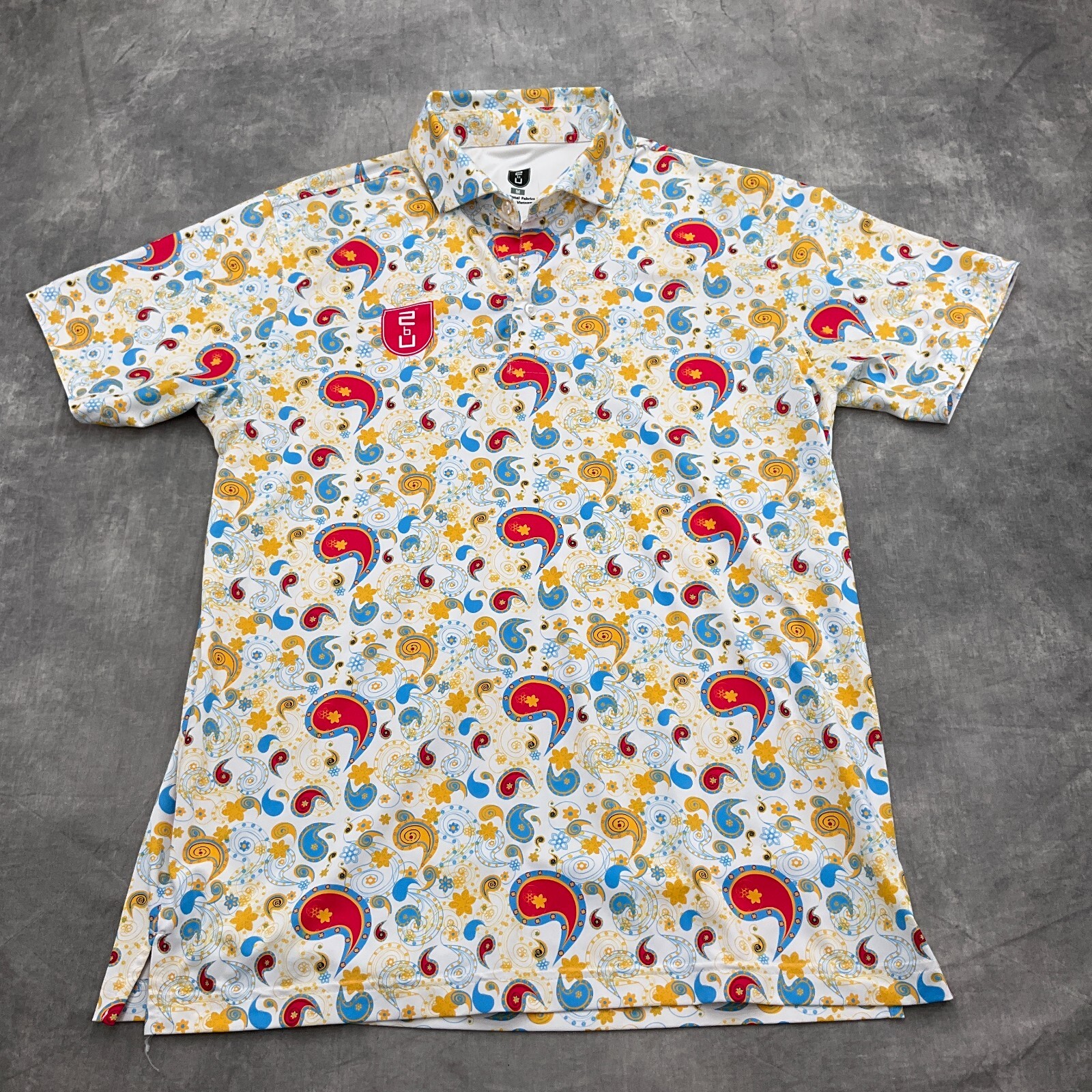 2BU Shirt Men Medium White Red Multi Paisley Floral Golf Logo Functional Stretch gallery