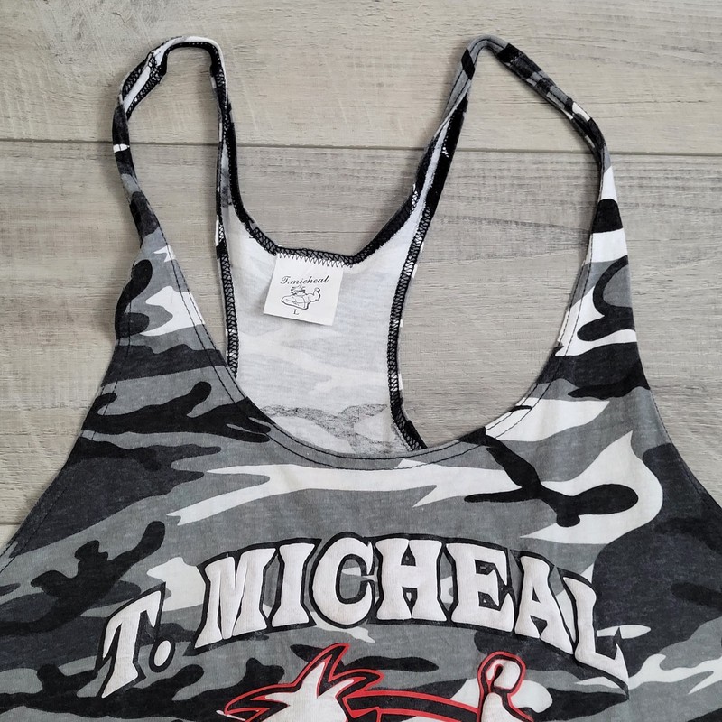 VTG 90s T Micheal Bodybuilding Stringer Tank Top Mens L Grey Camo Puff Print USA gallery