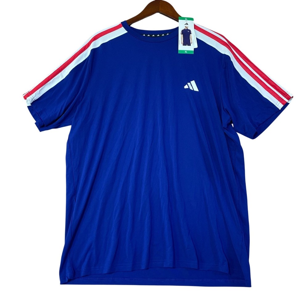 NWT Adidas Men's XL Active 3-Stripes Tee Blue Red White Polyester Spandex
