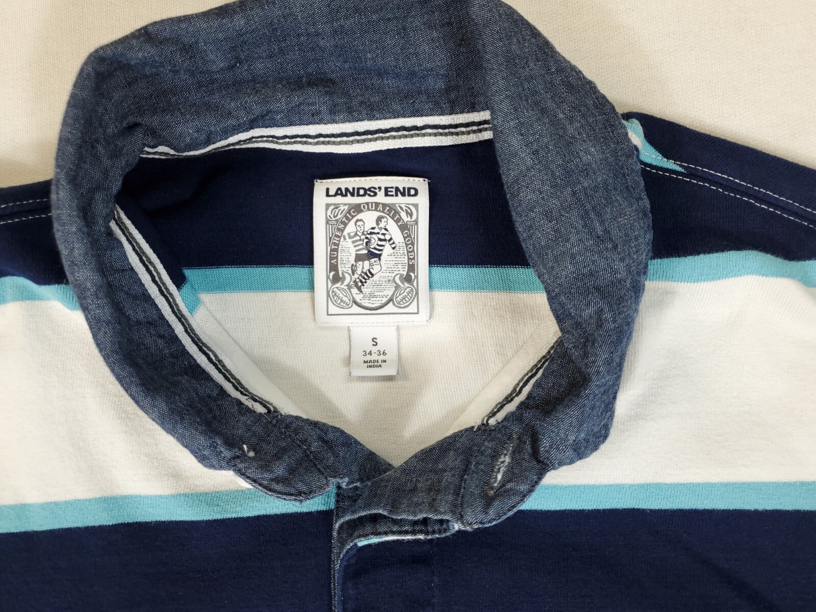 Lands' End Rugby Navy Cornflower Blue White Striped Chambray Collar Shirt Mens S gallery