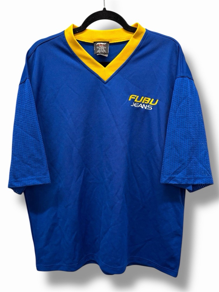 Vintage 90s Fubu Jersey Mesh Youth Size XL Football Jersey Blue Yellow Hip Hop