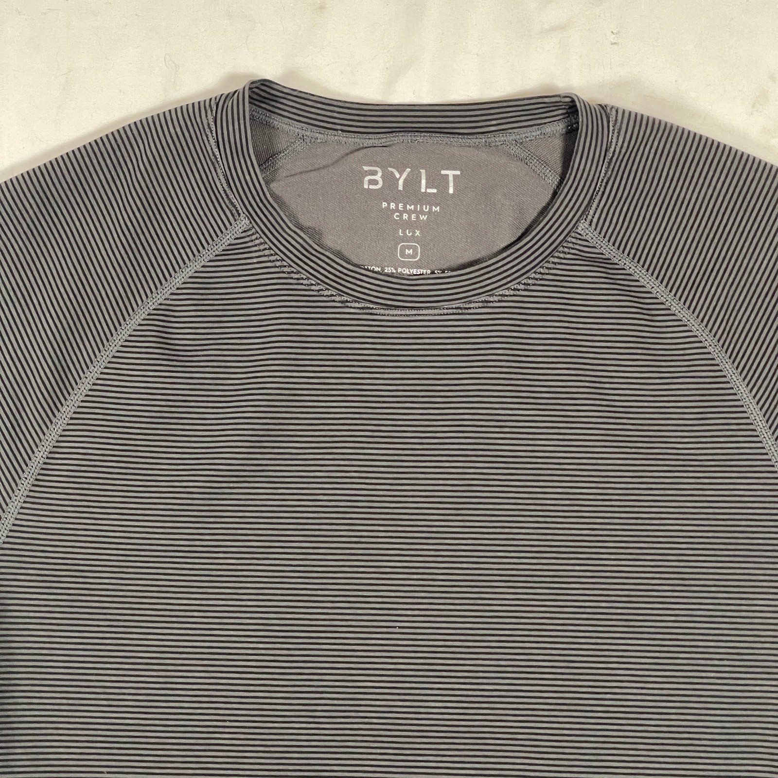 BYLT Shirt Mens Medium Gray Striped Premium Crew Lux Basics Tee Performance gallery