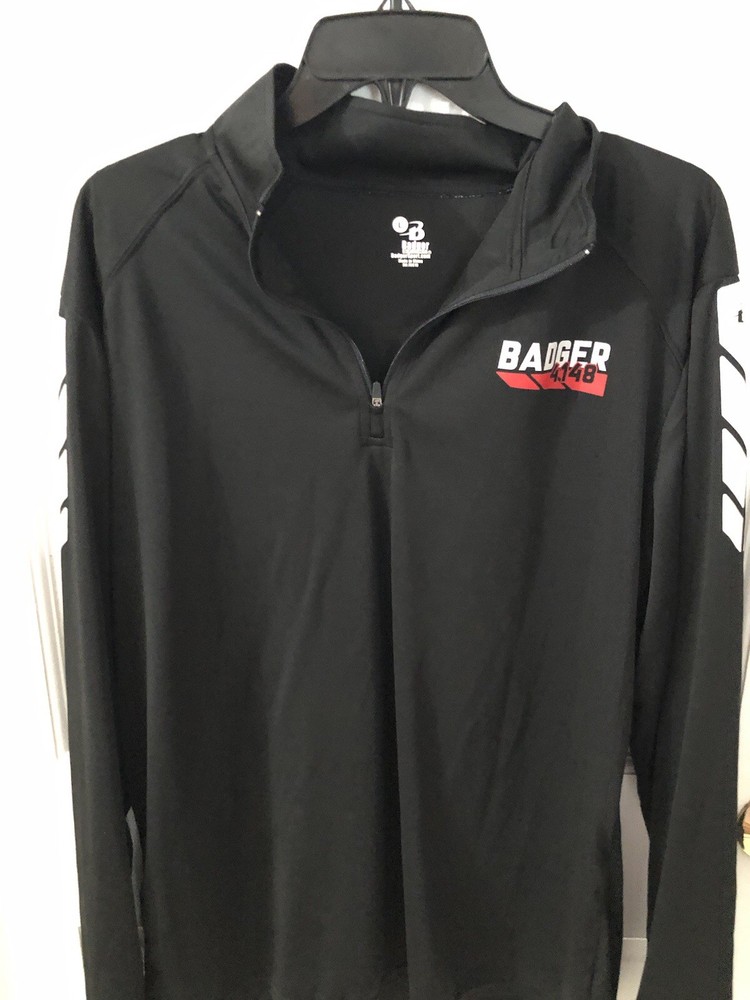 Badger Sports Performance Shirt L Black Reflective Sleeve Stripes 1/4 Zip Logo