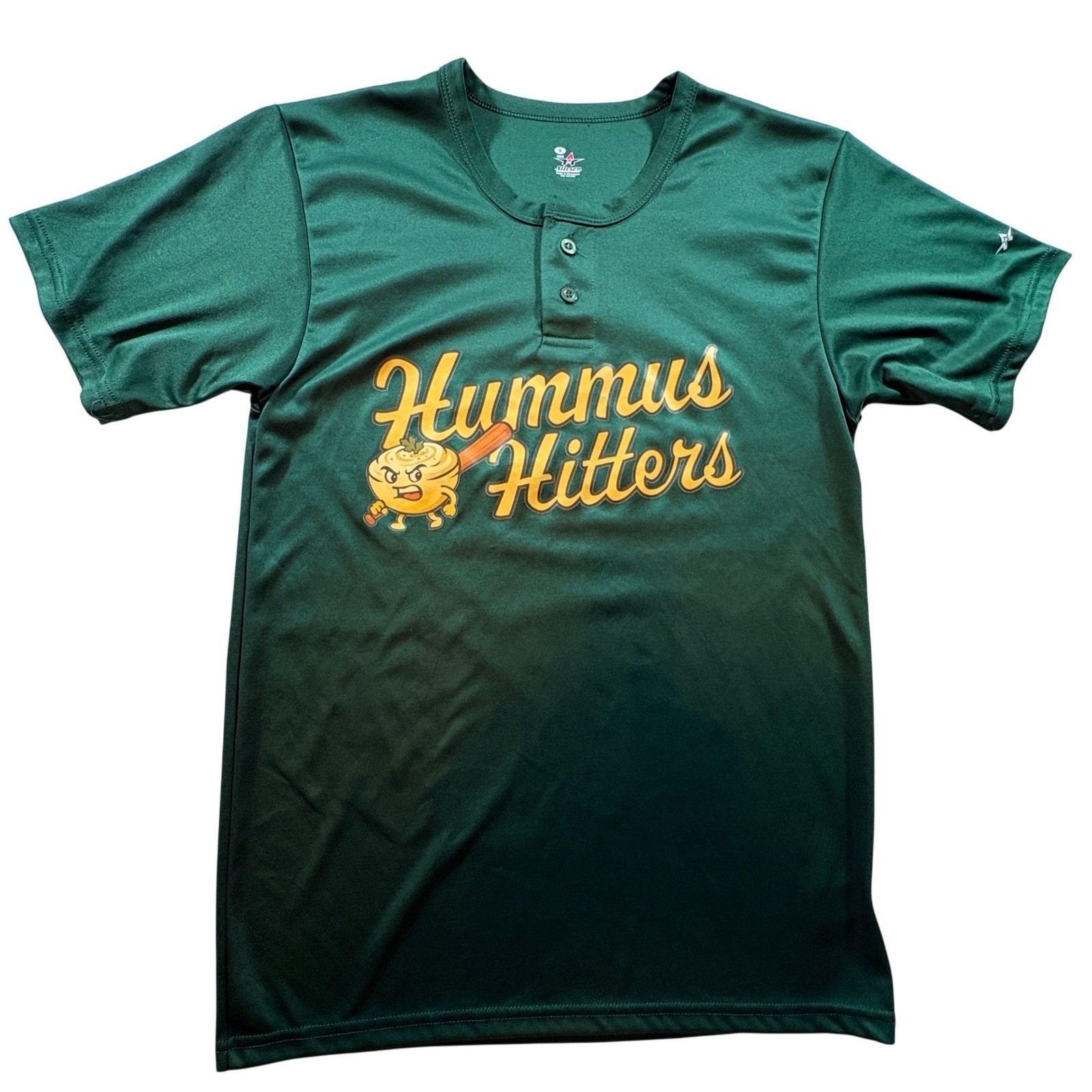 Alleson Athletic Hummus Hitters Baseball Jersey Mens Small Green Henley Shirt gallery