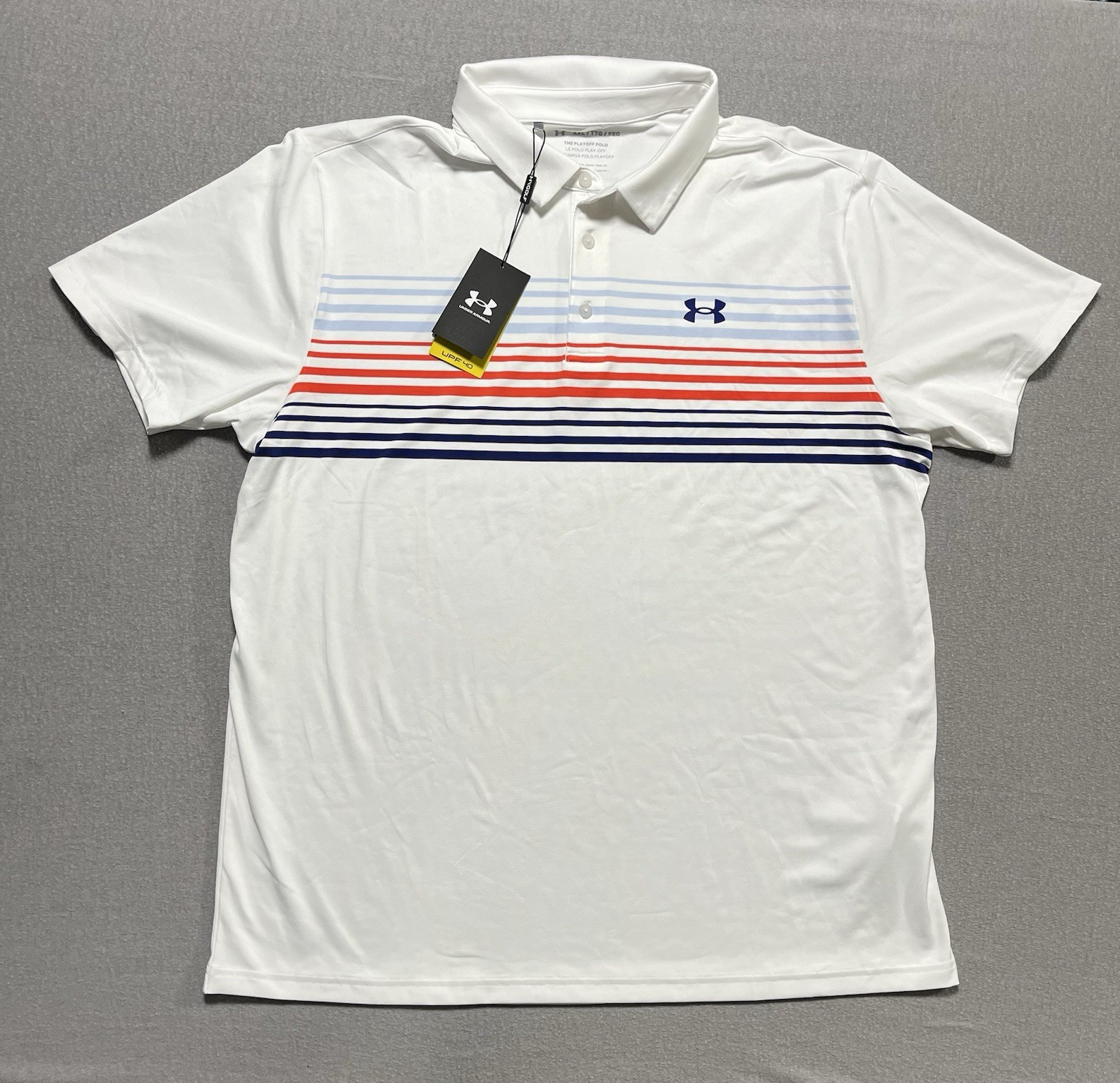 Under Armor Golf Polo Red White Blue Striped Men's 2XL Shirt UPF 40 Sun Protect gallery
