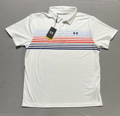 Under Armor Golf Polo Red White Blue Striped Men’s 2XL Shirt UPF 40 Sun Protect
