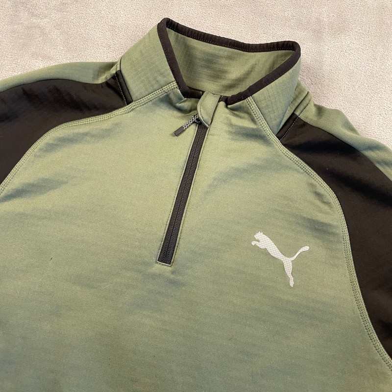 Puma Mens Quarter Zip Pullover Olive Green Black Waffle Knit Activewear Medium gallery