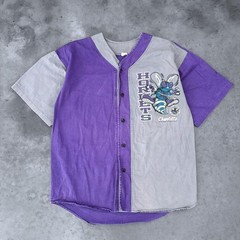 Vintage 90s Charlotte Hornets Baseball Jersey Colorblock Graphic Purple Gray L